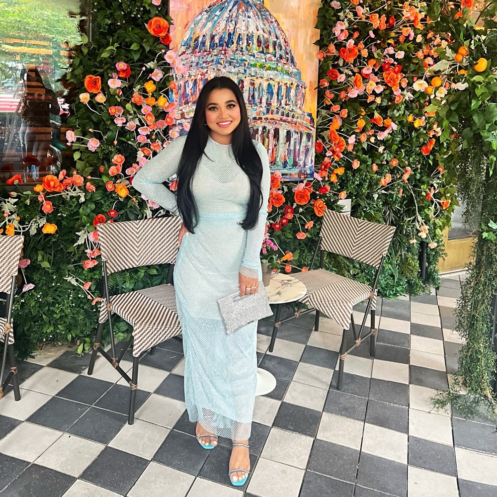 Embellished Long Sleeve Top in Aqua and Embellished Maxi Skirt in Aqua.